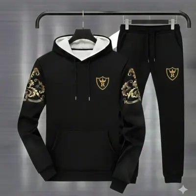 Royal Crest Black Printed Hoodie Track Suit – Stylish & Comfortable 2-Piece Set