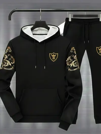 Royal Crest Black Printed Hoodie Track Suit – Stylish & Comfortable 2-Piece Set