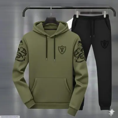 Royal Crest Green & Black Printed Hoodie Track Suit – Stylish & Comfortable 2-Piece Set