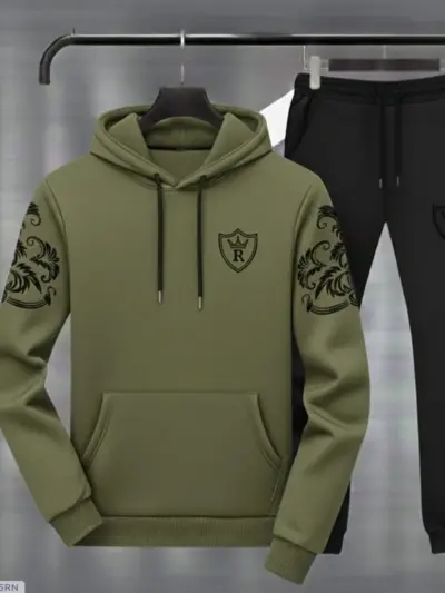 Royal Crest Green & Black Printed Hoodie Track Suit – Stylish & Comfortable 2-Piece Set