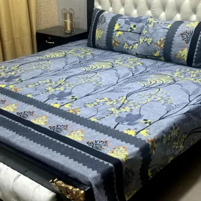 3 Pcs Crystal Cotton Printed Double Bedsheet Set – Soft & Breathable Bedsheet with Pillow Covers (Blue, Pakistan)