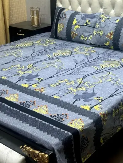 3 Pcs Crystal Cotton Printed Double Bedsheet Set – Soft & Breathable Bedsheet with Pillow Covers (Blue, Pakistan)