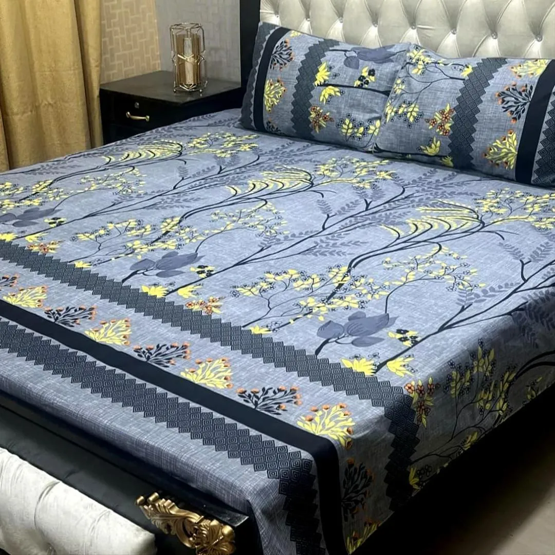 3 Pcs Crystal Cotton Printed Double Bedsheet Set – Soft & Breathable Bedsheet with Pillow Covers (Blue, Pakistan)