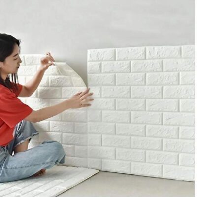 Brick Pattern Foaming Wall Stickers – 2 Pcs | White Self-Adhesive Decorative Wall Panels