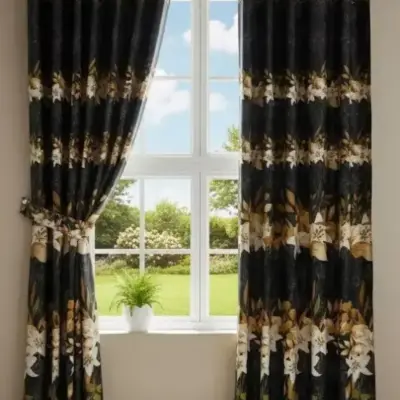 Luxurious 1 Pair Cotton Salonica Printed Curtains – Black Bedroom Curtains (102 × 60 Inches)