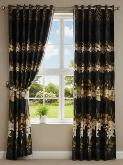 Luxurious 1 Pair Cotton Salonica Printed Curtains – Black Bedroom Curtains (102 × 60 Inches)