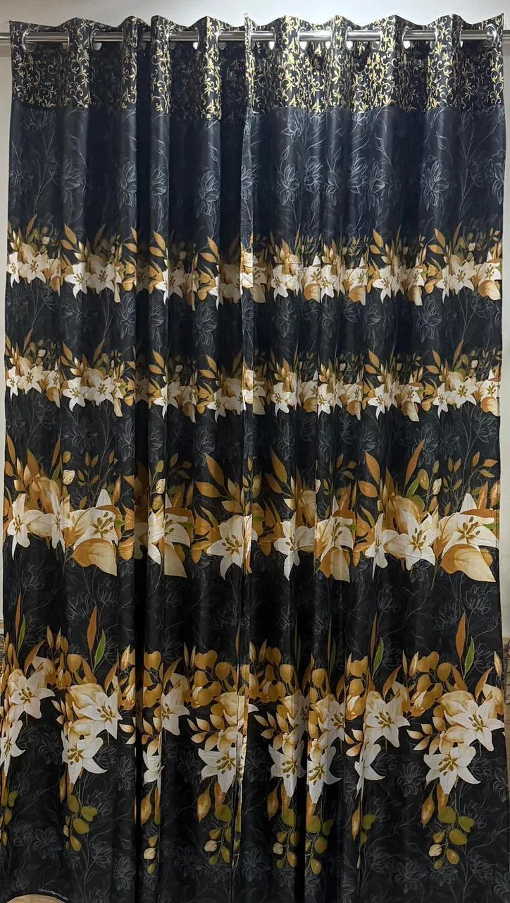 Luxurious 1 Pair Cotton Salonica Printed Curtains – Black Bedroom Curtains (102 × 60 Inches)