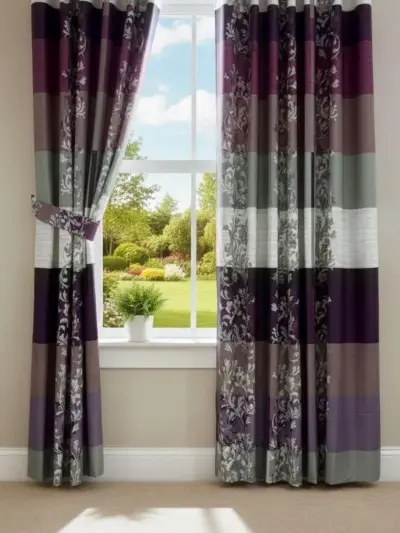 Luxurious 1 Pair Cotton Salonica Printed Curtains – Purple Bedroom Curtains (102 × 60 Inches)