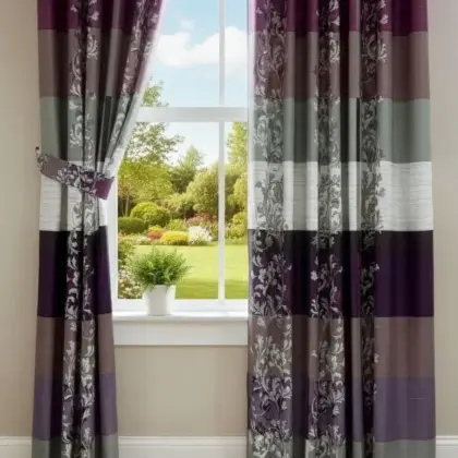Luxurious 1 Pair Cotton Salonica Printed Curtains – Purple Bedroom Curtains (102 × 60 Inches)