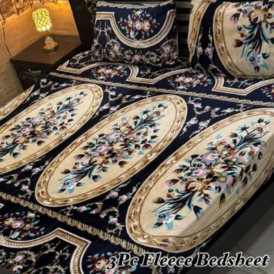 3 Pcs Fleece Printed Double Bedsheet Set – Warm Winter Bedsheet with Pillow Covers, Soft & Multicolor (Pakistan)