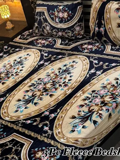 3 Pcs Fleece Printed Double Bedsheet Set – Warm Winter Bedsheet with Pillow Covers, Soft & Multicolor (Pakistan)