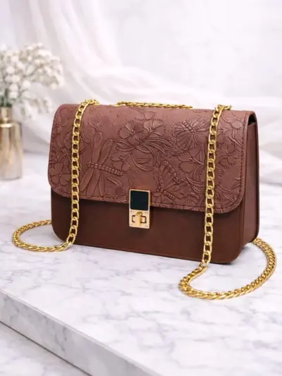 Girls Leather Chain Crossbody Bag – Brown Multipurpose Shoulder Bag