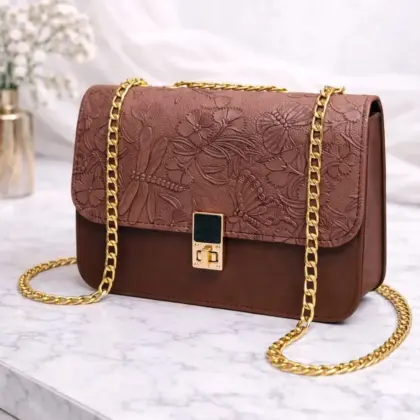 Girls Leather Chain Crossbody Bag – Brown Multipurpose Shoulder Bag