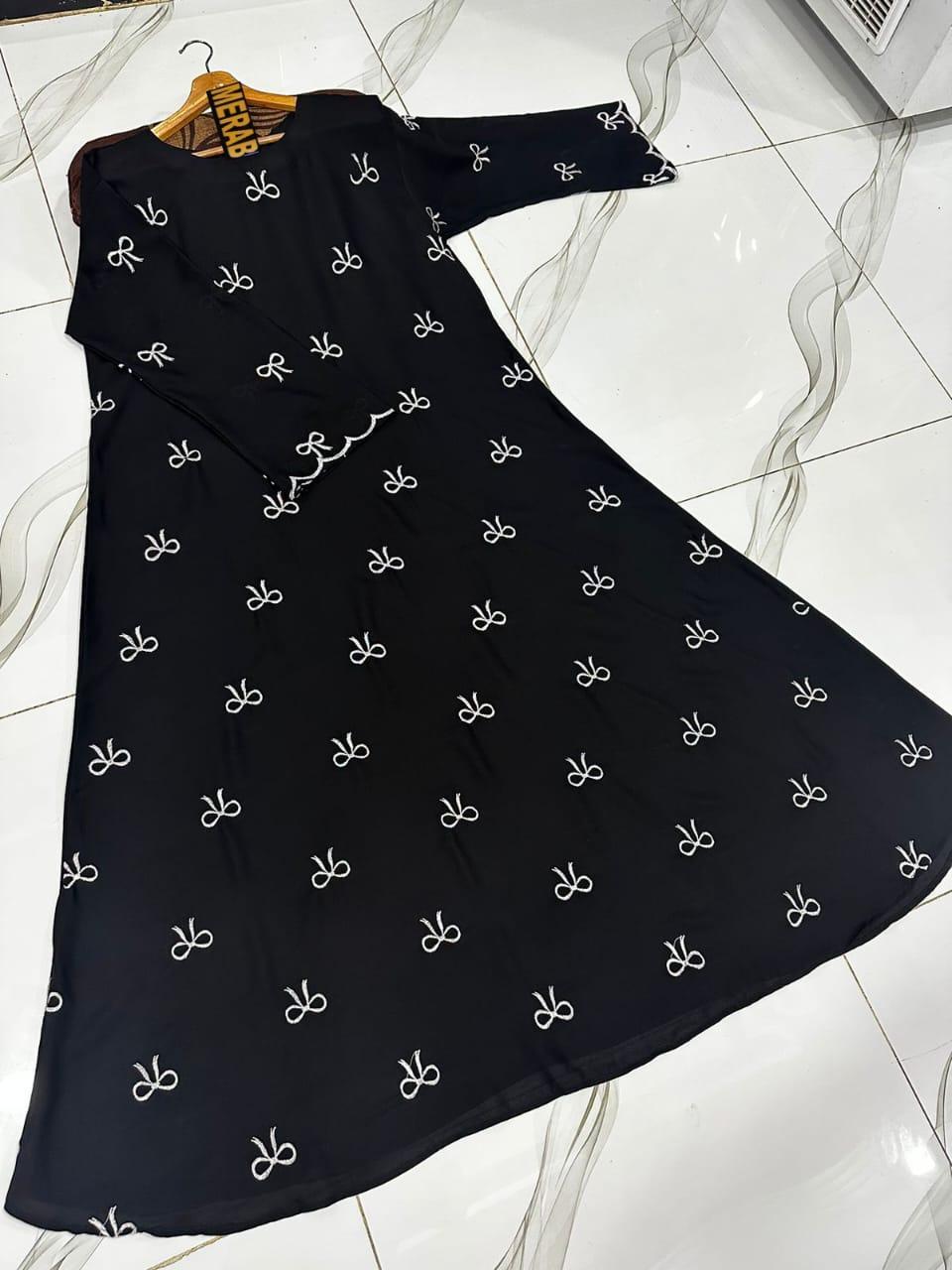 Black Georgette Embroidered Full Abaya for Women – U-Neck Elegant Flared Design (1 Pc)