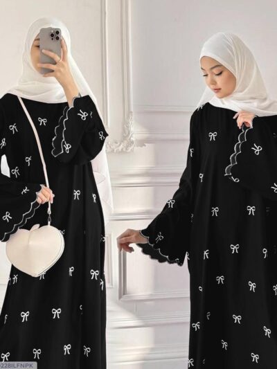 Black Georgette Embroidered Full Abaya for Women – U-Neck Elegant Flared Design (1 Pc)