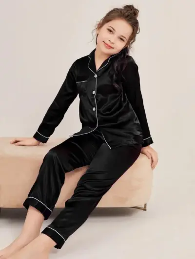 2 Pcs Girl’s Stitched Polyester Plain Night Suit – Satin Silk Baby Girl Night Dress | Black | Ages 1–10 Years