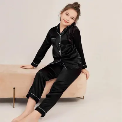 2 Pcs Girl’s Stitched Polyester Plain Night Suit – Satin Silk Baby Girl Night Dress | Black | Ages 1–10 Years