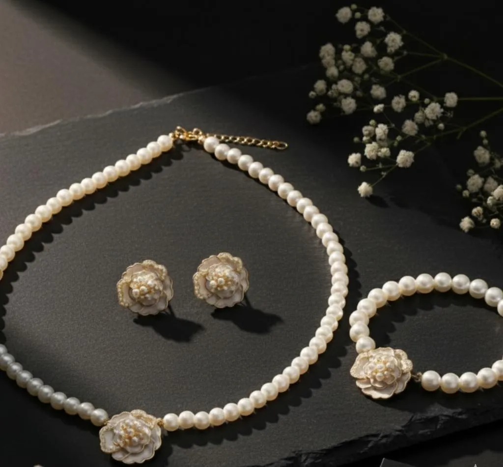 Elegant Flower Korean Necklace Set ZIJ-904 – 4 Pcs | Alloy | Black & White