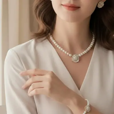 Elegant Flower Korean Necklace Set ZIJ-904 – 4 Pcs | Alloy | Black & White