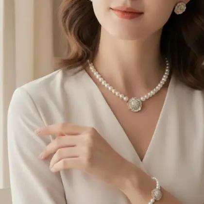 Elegant Flower Korean Necklace Set ZIJ-904 – 4 Pcs | Alloy | Black & White