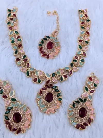 Fancy Artificial Stones Jewelry Set for Women – Multicolor | 3 Pcs
