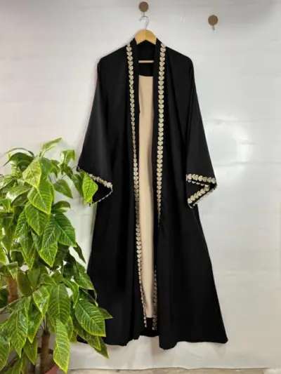 Black Georgette Embroidered Classic Abaya for Girls – U-Neck Elegant Flared Design (1 Pc)