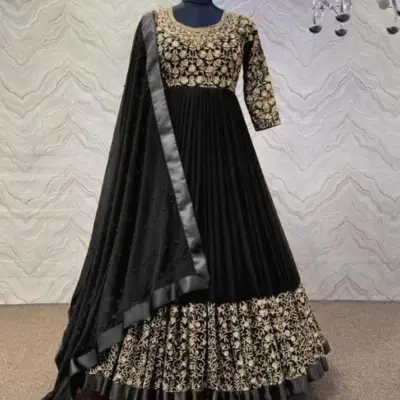 3 Pcs Women’s Stitched Shamoz Silk Embroidered Maxi & Malai Silk Trouser with Chiffon Dupatta – Black