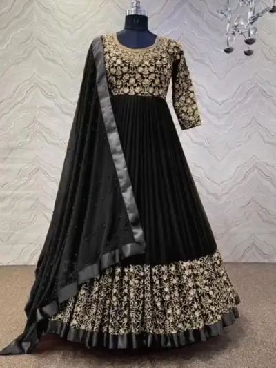 3 Pcs Women’s Stitched Shamoz Silk Embroidered Maxi & Malai Silk Trouser with Chiffon Dupatta – Black