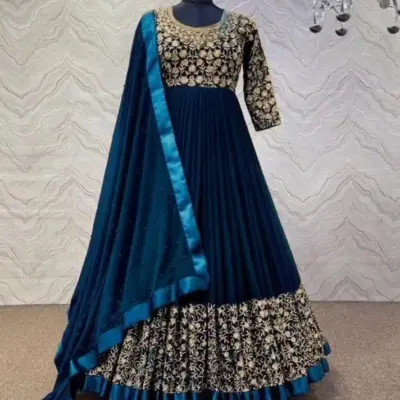 3 Pcs Women’s Stitched Shamoz Silk Embroidered Maxi & Malai Silk Trouser with Chiffon Dupatta – Elegant Black