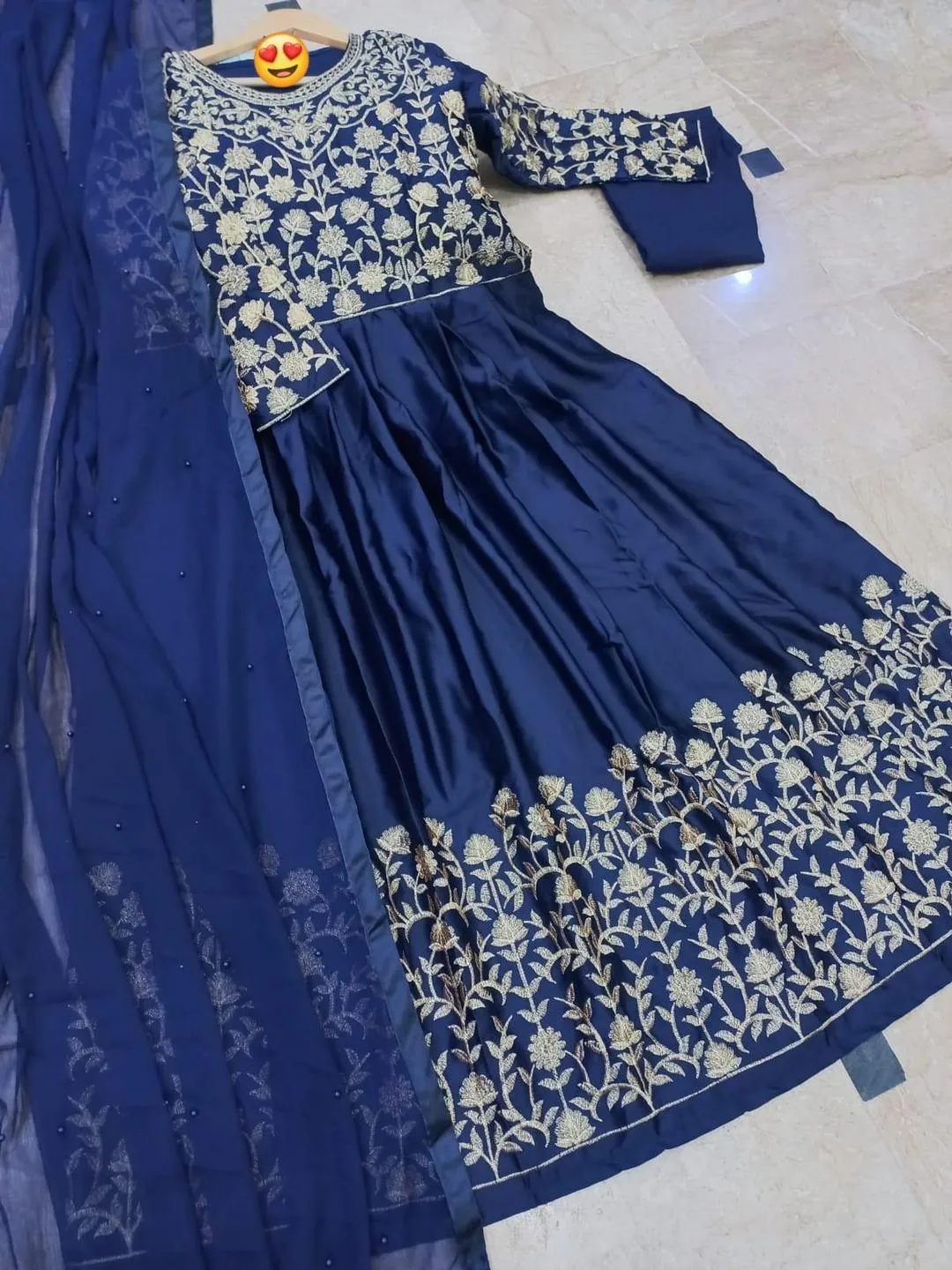 3 Pcs Women’s Stitched Shamoz Silk Embroidered Maxi & Malai Silk Trouser with Chiffon Dupatta – Elegant Black