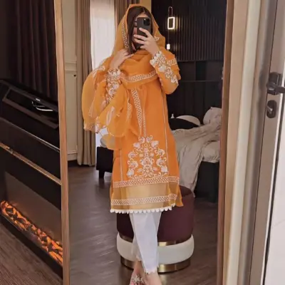 3 Pcs Women’s Stitched Organza Embroidered Suit with Malai Silk Trouser – Elegant Black