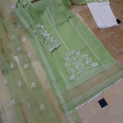 3 Pcs Women’s Stitched Organza Embroidered Suit with Malai Silk Trouser – Elegant Black