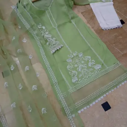 3 Pcs Women’s Stitched Organza Embroidered Suit with Malai Silk Trouser – Elegant Black