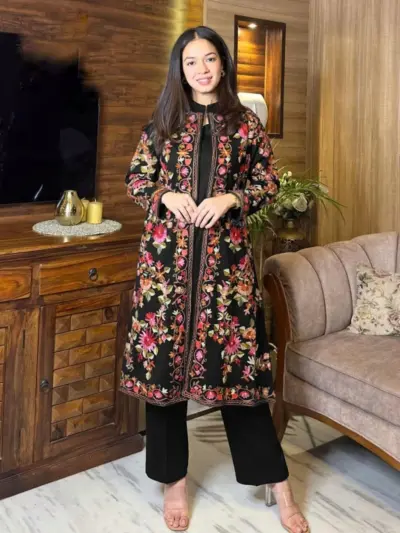3 Pcs Women’s Stitched Shamoz Silk Embroidered Gown Suit with Malai Silk Trouser & Chiffon Dupatta – Elegant Black