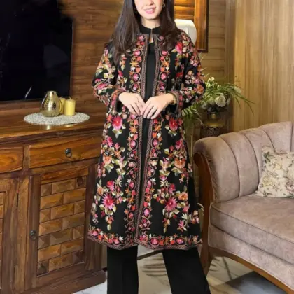 3 Pcs Women’s Stitched Shamoz Silk Embroidered Gown Suit with Malai Silk Trouser & Chiffon Dupatta – Elegant Black