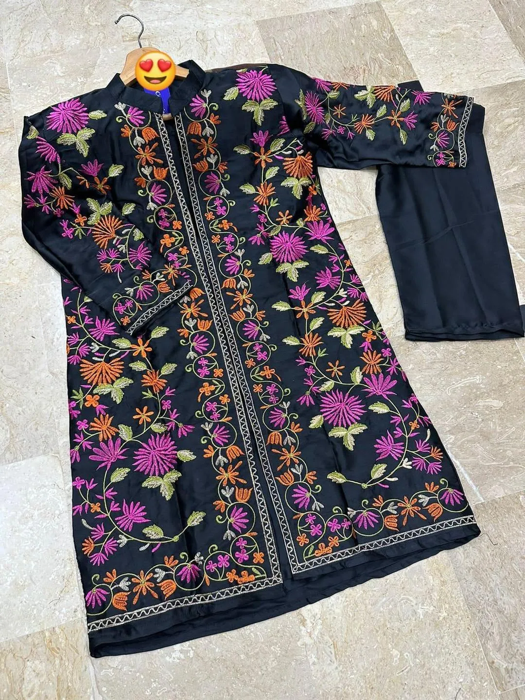 3 Pcs Women’s Stitched Shamoz Silk Embroidered Gown Suit with Malai Silk Trouser & Chiffon Dupatta – Elegant Black