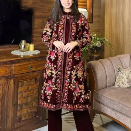 3 Pcs Women’s Stitched Shamoz Silk Embroidered Gown Suit with Malai Silk Trouser & Chiffon Dupatta