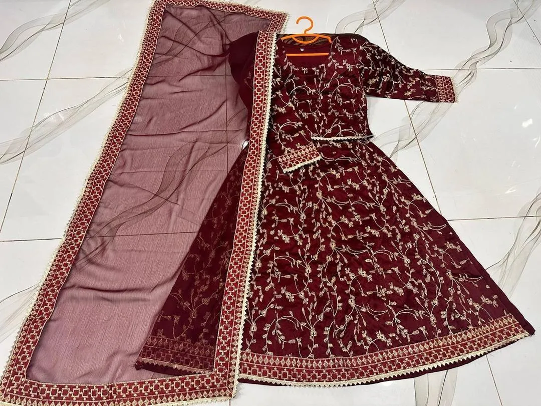 3 Pcs Girl’s Shamoz Silk Embroidered Shirt & Skirt with Four-Side Embroidered Dupatta – Maroon | Kids 1–12 Years