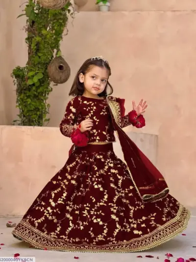 3 Pcs Girl’s Shamoz Silk Embroidered Shirt & Skirt with Four-Side Embroidered Dupatta – Maroon | Kids 1–12 Years