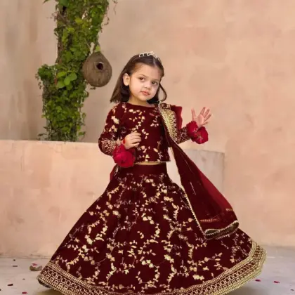 3 Pcs Girl’s Shamoz Silk Embroidered Shirt & Skirt with Four-Side Embroidered Dupatta – Maroon | Kids 1–12 Years