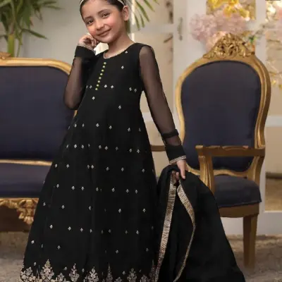 3 Pcs Girls Chiffon Embroidered Frock & Trouser Set – Stylish & Comfortable | Ages 1–12 Years