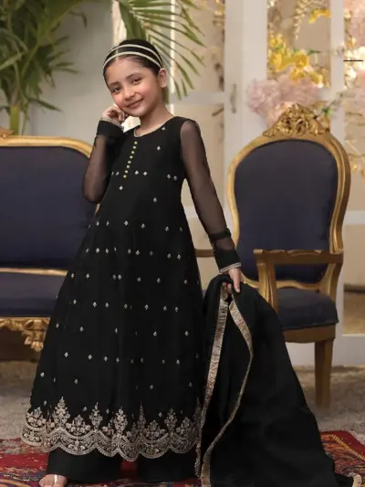 3 Pcs Girls Chiffon Embroidered Frock & Trouser Set – Stylish & Comfortable | Ages 1–12 Years