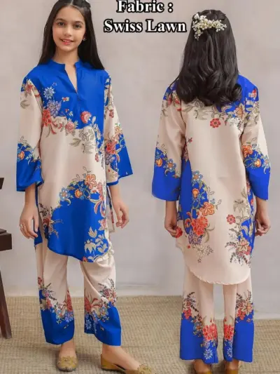 2 Pcs Girls Arabic Lawn Digital Printed Kurta & Shalwar Suit – Blue | Ages 5–12 Years
