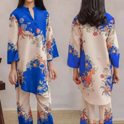 2 Pcs Girls Arabic Lawn Digital Printed Kurta & Shalwar Suit – Blue | Ages 5–12 Years
