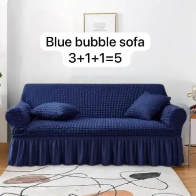 5 Seater Jersey Textured Sofa Cover – Stretchable Blue Slipcover for Living Room Sofas