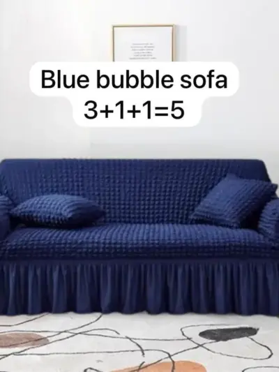 5 Seater Jersey Textured Sofa Cover – Stretchable Blue Slipcover for Living Room Sofas