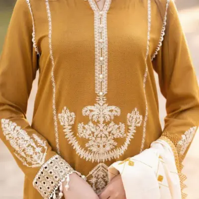 3 Pcs Women’s Unstitched Embroidered Dhanak Suit – Elegant & Comfortable