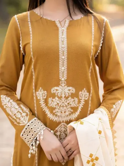 3 Pcs Women’s Unstitched Embroidered Dhanak Suit – Elegant & Comfortable