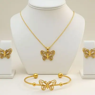 Butterfly Design Gold Plated Rhinestone Jewelry Set – 3 Pcs | Stainless Steel | Golden