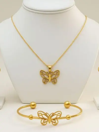 Butterfly Design Gold Plated Rhinestone Jewelry Set – 3 Pcs | Stainless Steel | Golden